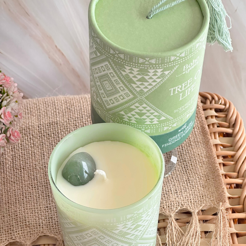 Vela Boho Árbol de la Vida con Piedra Jade 200gr