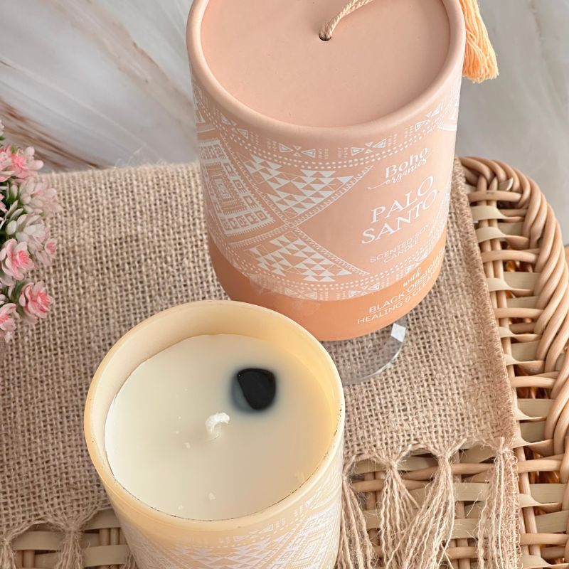 Vela Boho Palo Santo con Piedra Obsidiana 200gr