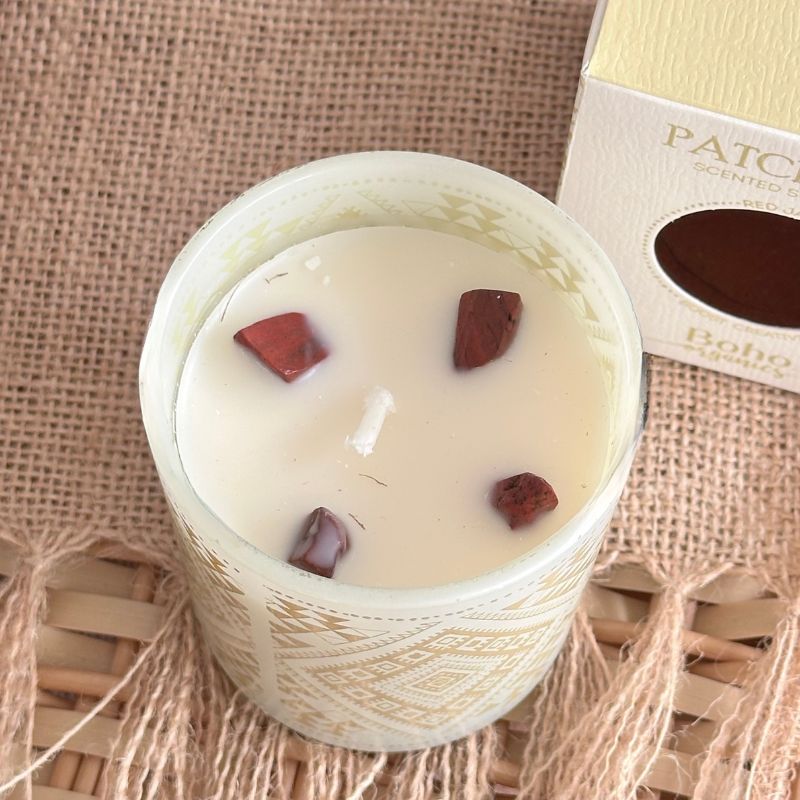 Vela Boho Pachulí con Piedra Jaspe Rojo 120gr