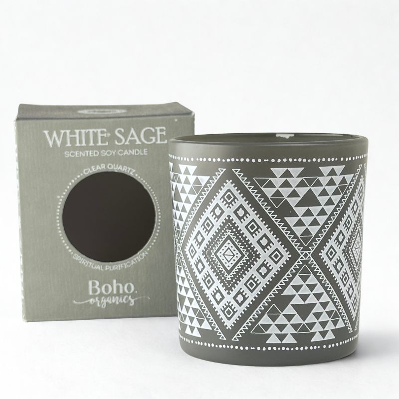 Vela Boho Salvia Blanca con Piedra Cuarzo Cristal 120gr