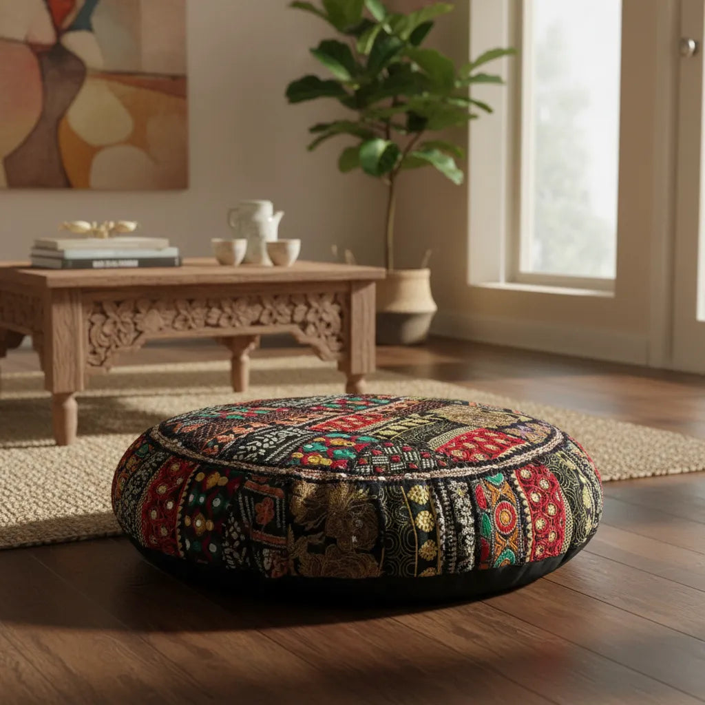 Cojin de Suelo Patchwork Negro Redondo Extra Grande