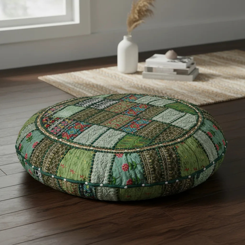 Cojin de Suelo Patchwork Verde Redondo Extra Grande