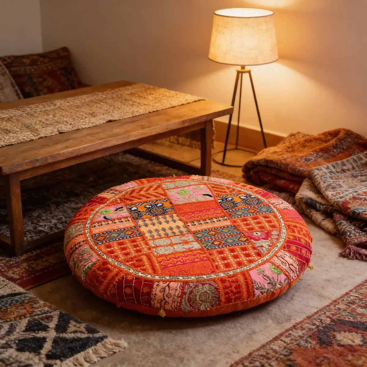 Cojin de Suelo Patchwork Naranja Redondo Extra Grande