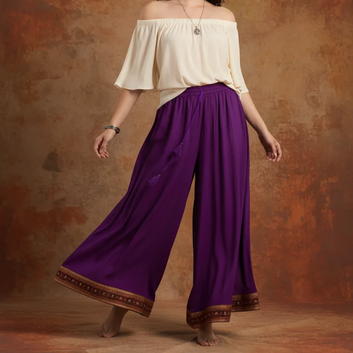 Pantalon Palazzo Morado Bordado Inferior