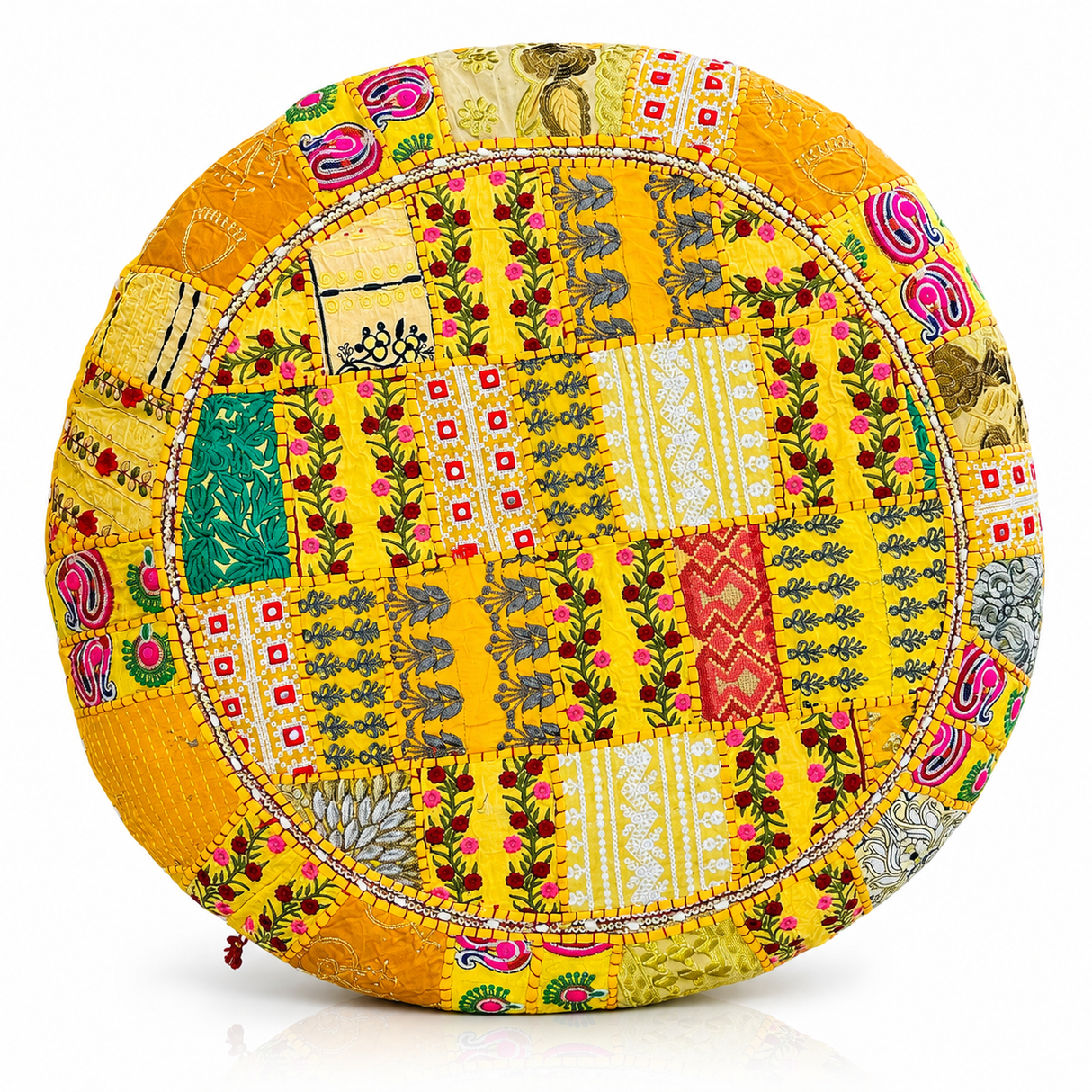 Cojin de Suelo Patchwork Amarillo Redondo Extra Grande