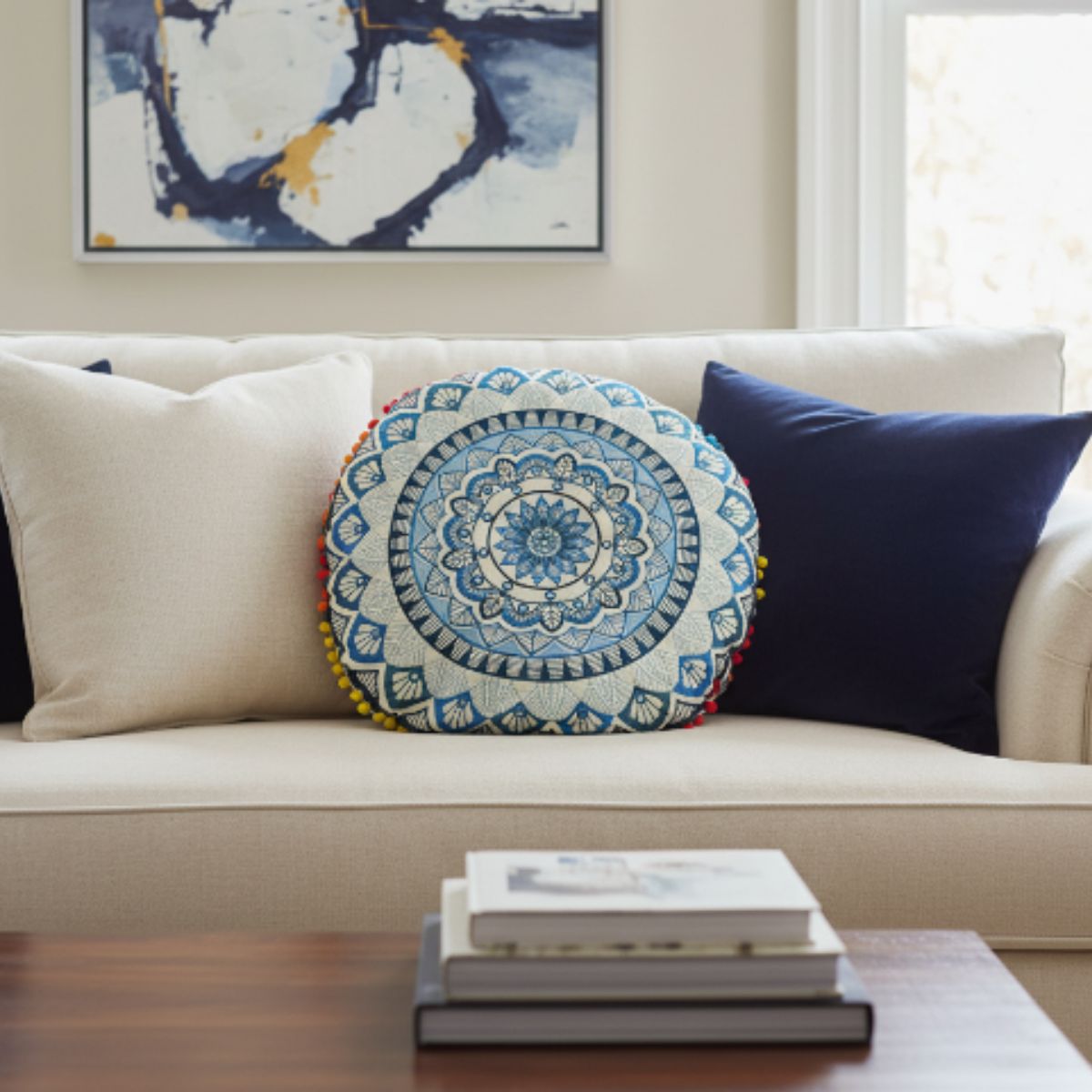 Cojin Boho Azul Redondo Grande