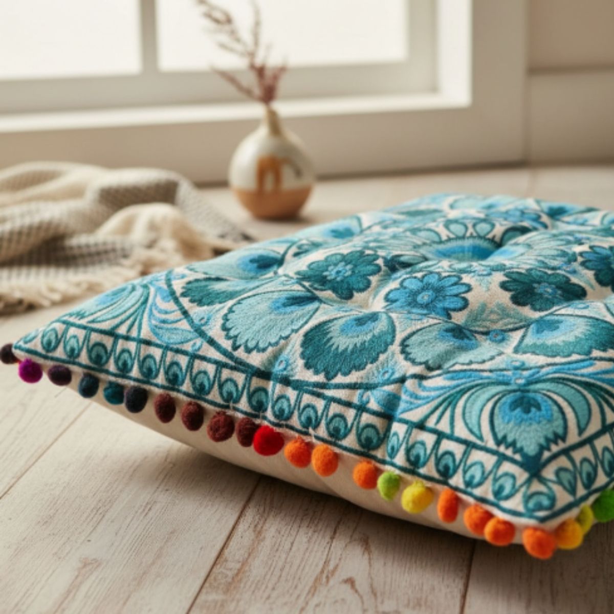 Cojin Boho Celeste Cuadrado Grande