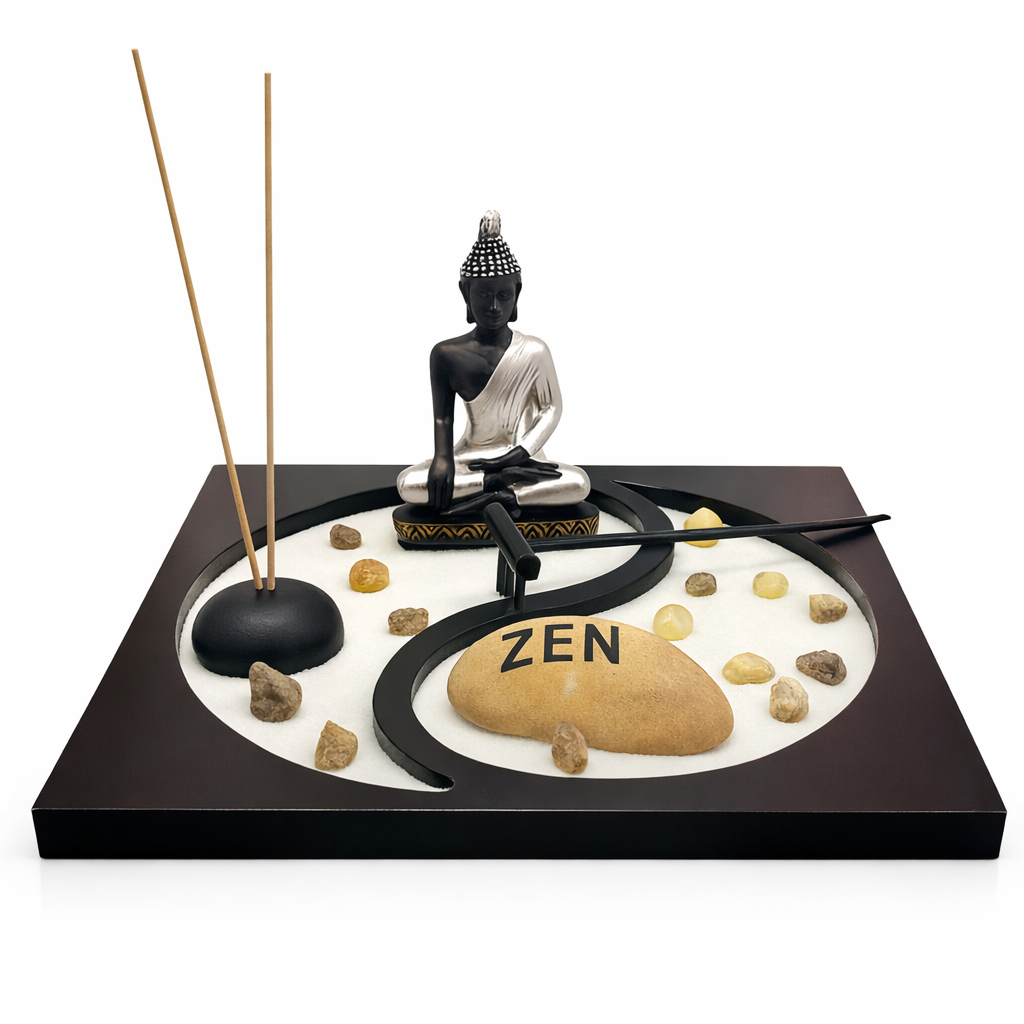 Jardín Zen Buda Siddhartha Plateado Negro