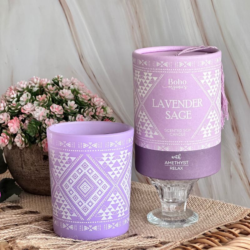 Vela Boho Lavanda Salvia con Piedra Amatista 200gr
