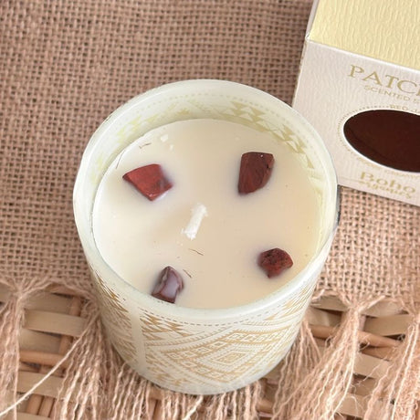 Vela Boho Pachulí con Piedra Jaspe Rojo 120gr