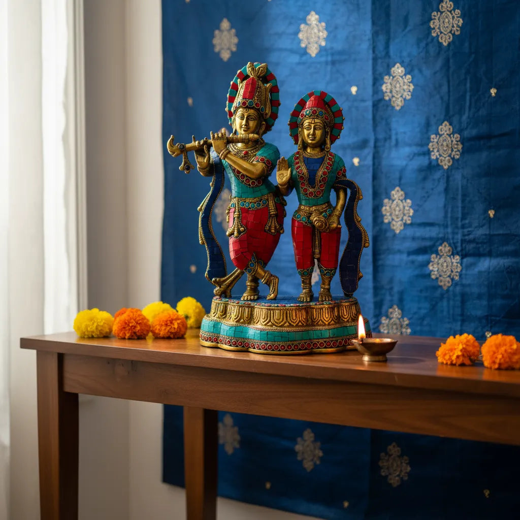 Radha Krishna Bronce con Piedras 35 cm