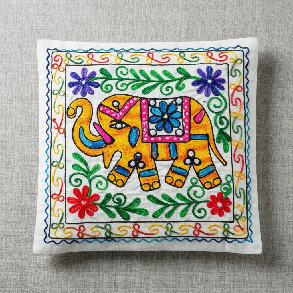 Funda de Cojín Elephant Amarillo Claro y Azul