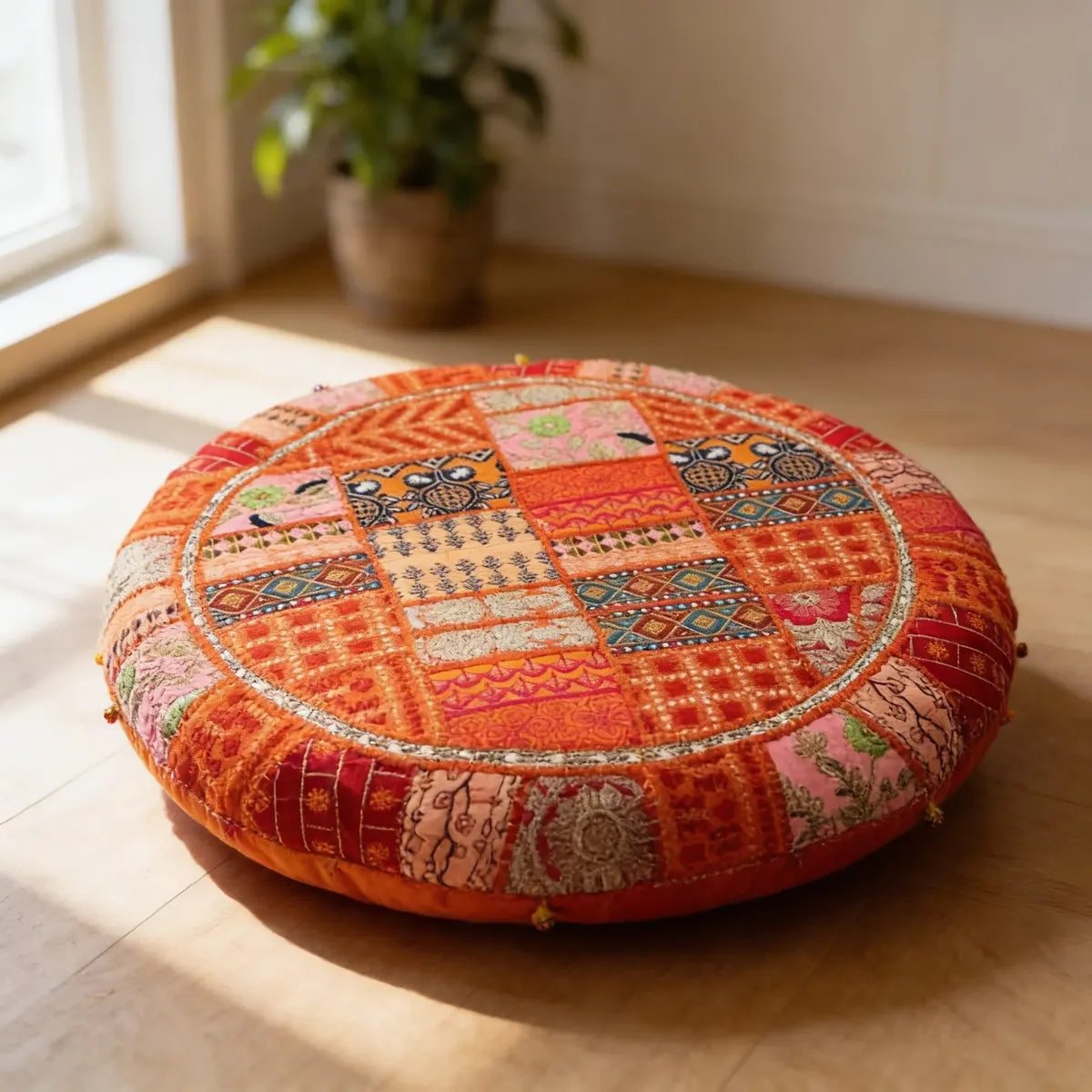 Cojin de Suelo Patchwork Naranja Redondo Extra Grande