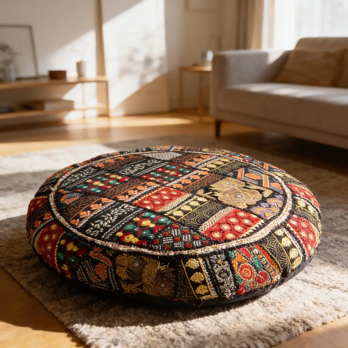 Cojin de Suelo Patchwork Negro Redondo Extra Grande