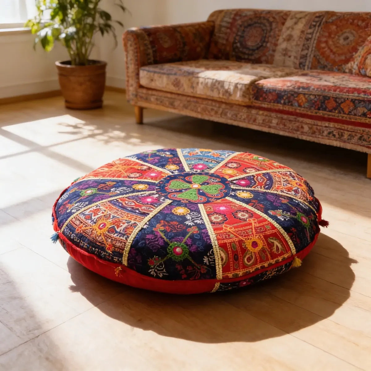 Cojin de Suelo Patchwork Celeste Redondo Extra Grande