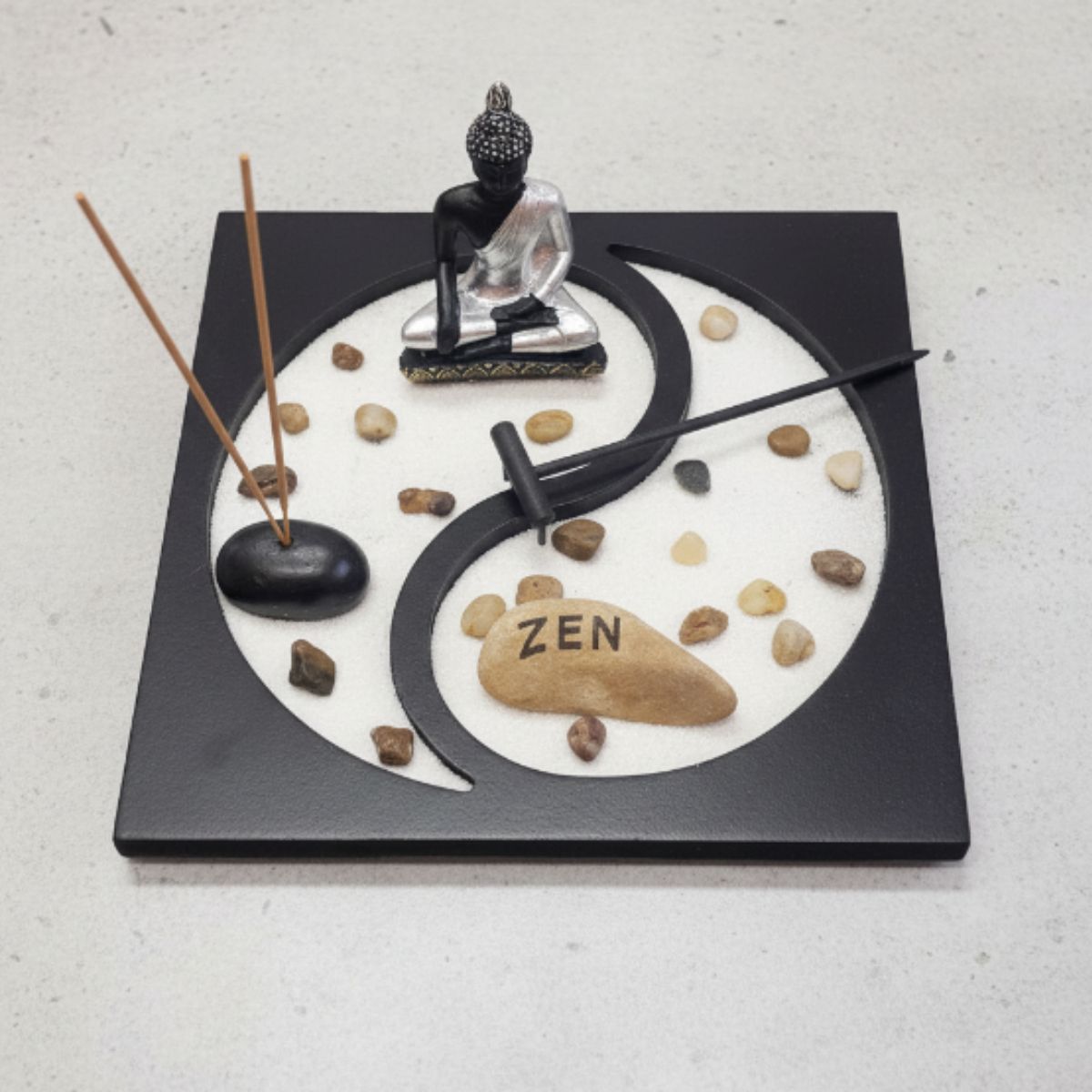 Jardín Zen Buda Siddhartha Plateado Negro