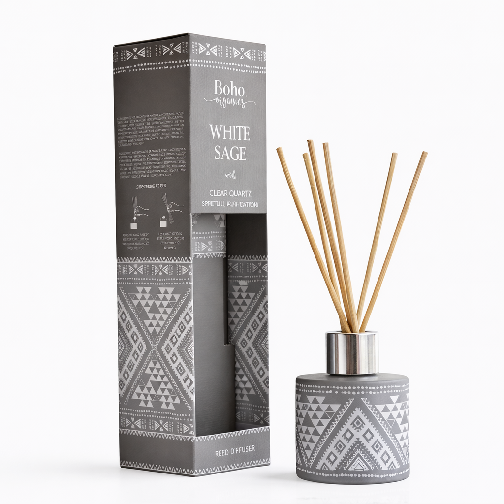 Difusor de Varilla Boho Salvia Blanca con Piedra Cuarzo Cristal
