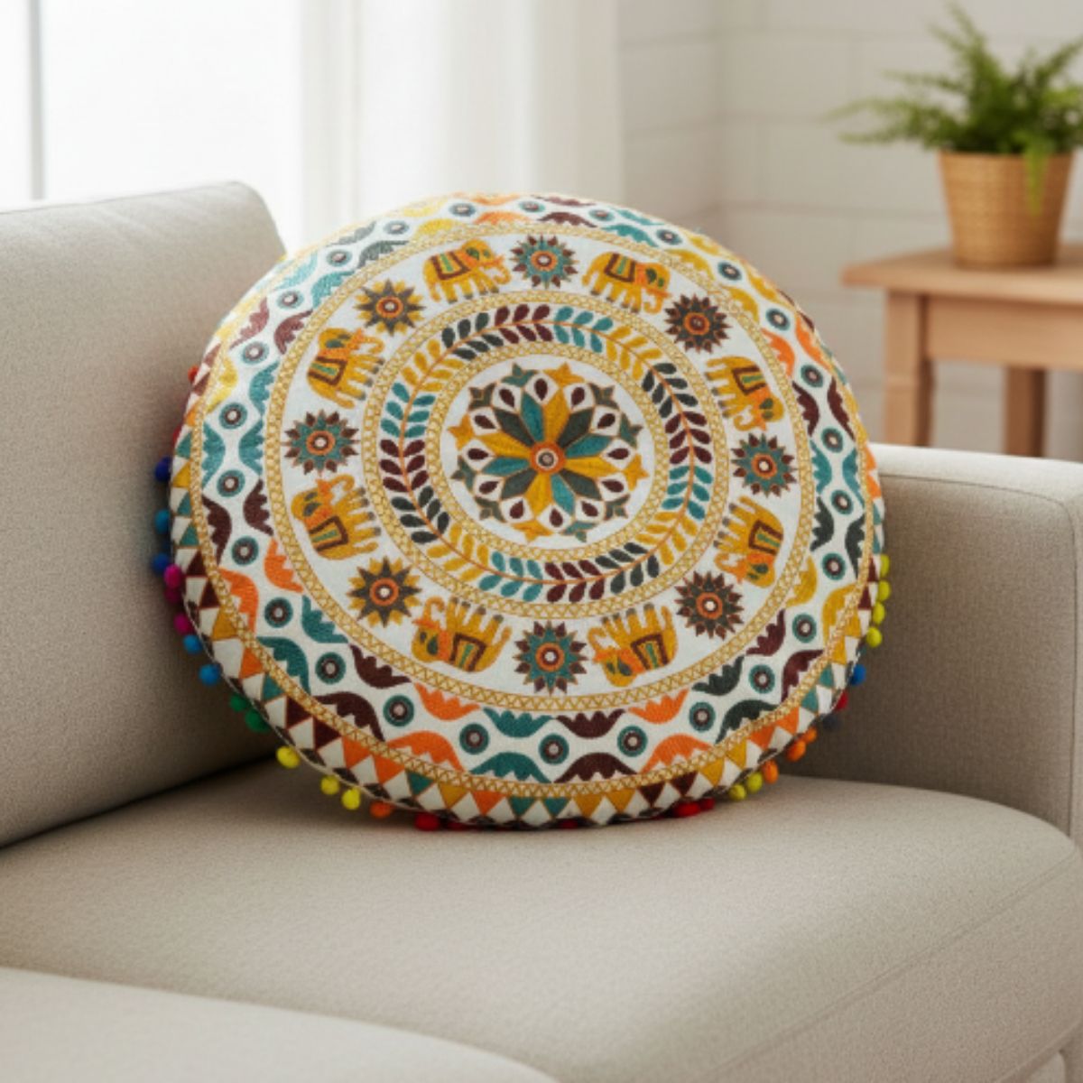 Cojin Boho Amarillo Redondo Mediano