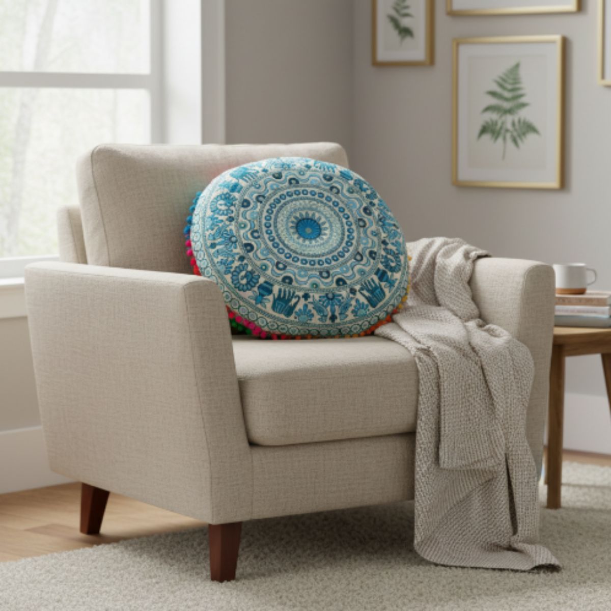 Cojin Boho Celeste Redondo Grande