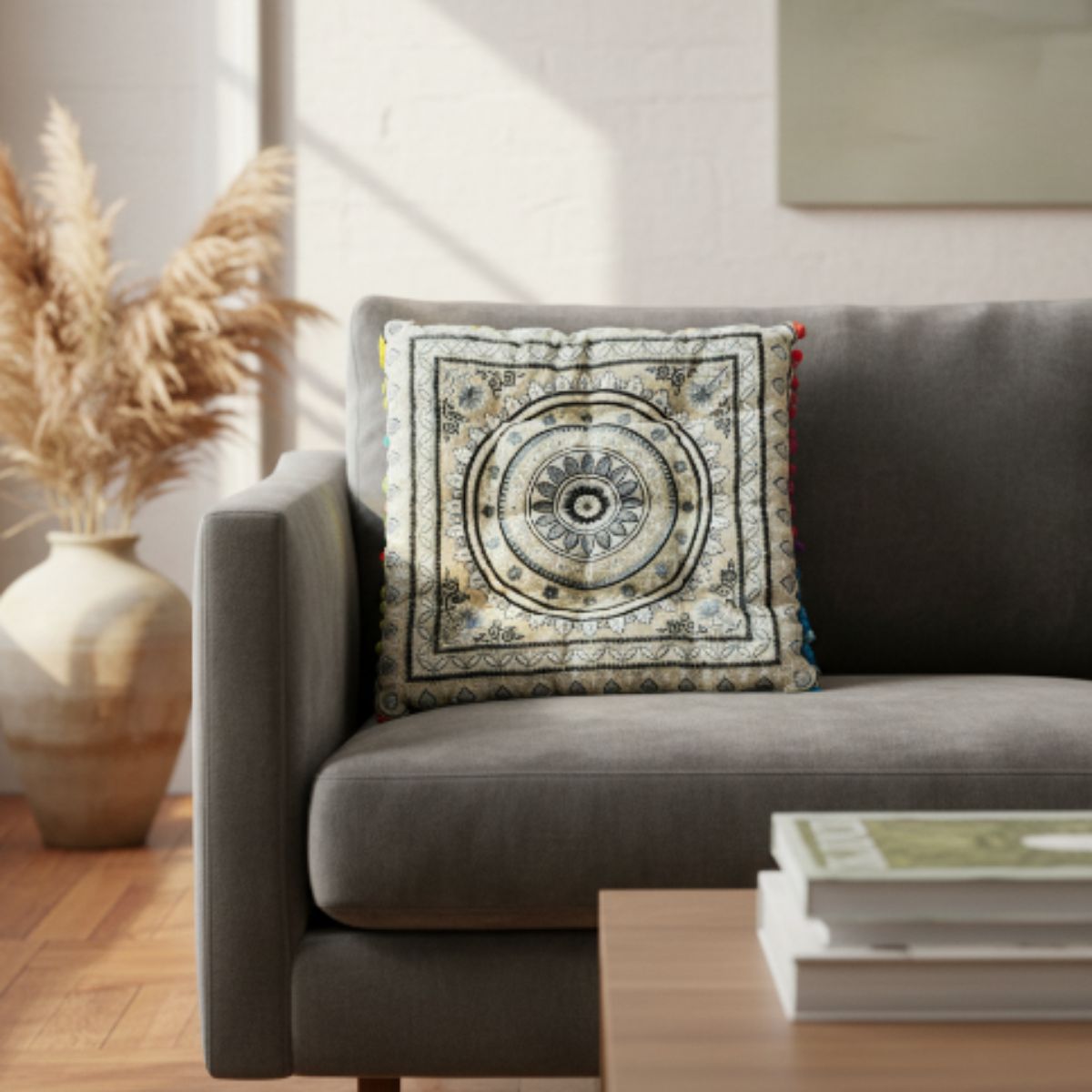 Cojin Boho Gris Cuadrado Mediano