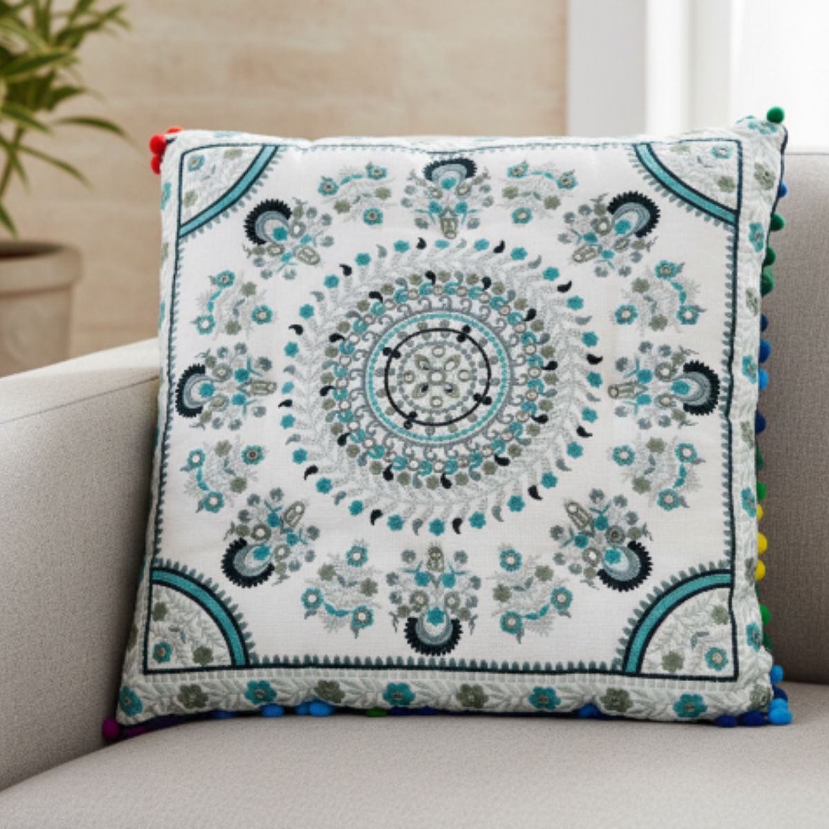 Cojin Boho Verde Cuadrado Mediano