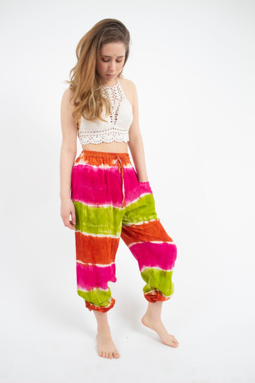 Pantalon Teñido Tricolor Bombacho Rosado - Verde