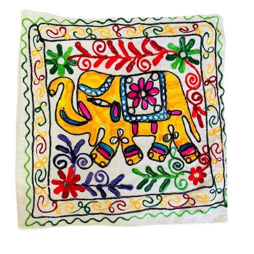 Funda de Cojín Bordado a mano - Elephant Yellow-Red