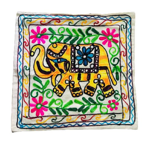 Funda de Cojín Bordado a mano - Elephant Yellow-Purple