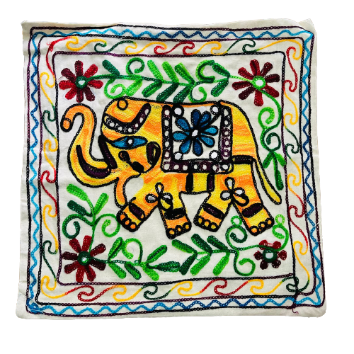 Funda de Cojín Bordado a mano - Elephant Yellow-Blue
