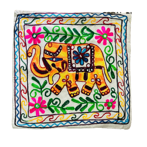 Funda de Cojín Bordado a mano - Elephant Yellow-Pink