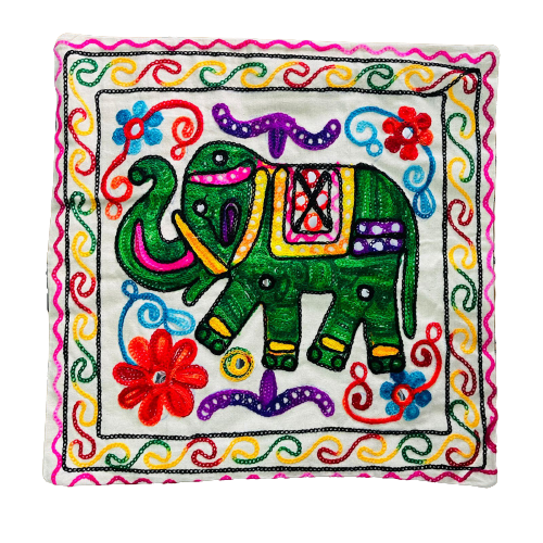 Funda de Cojín Bordado a mano - Elephant Green - Purple