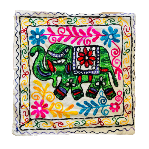 Funda de Cojín Bordado a mano - Elephant Green - Pink